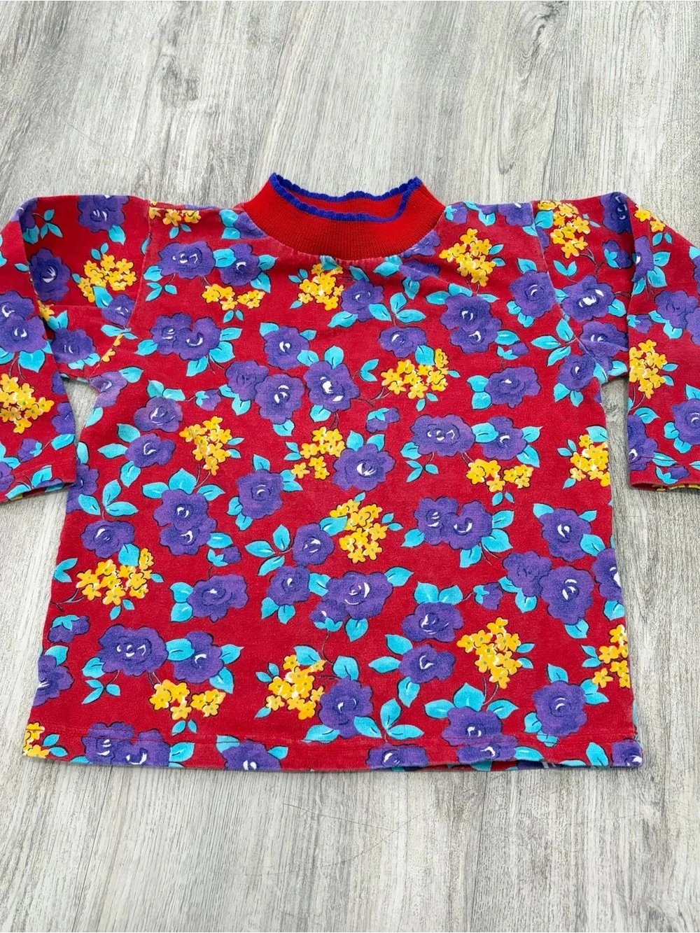 Vintage 90s Girls Floral Mockneck Long Sleeve Shirt Top Red Canoli Size 4